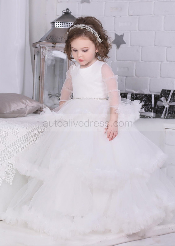 Ivory Satin Tulle Ruffle Tiered Flower Girl Dress